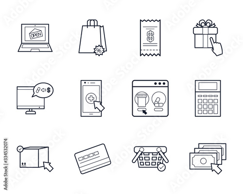 computers and shopping online icon set, line style