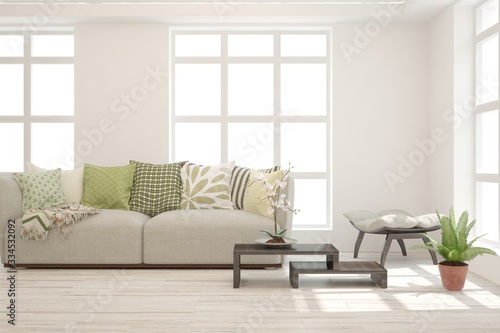 White living room with sofa. Scandinavian interior design. 3D illustration © AntonSh