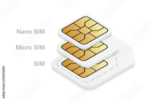 Different mobile sim card size. Standard, micro and nano phone card.