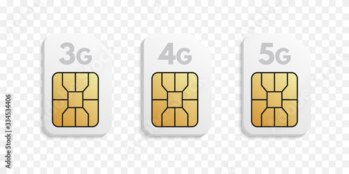 Set of 3G, 4G, 5G Sim card types. Realistic blank phone cards with various generation wireless technology
