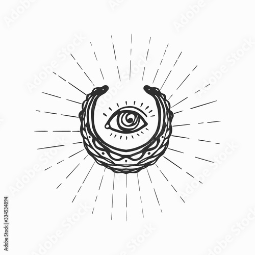 Masonic eye of providence in retro style on white background. Eye in the center of stylized new moon vector illustration.