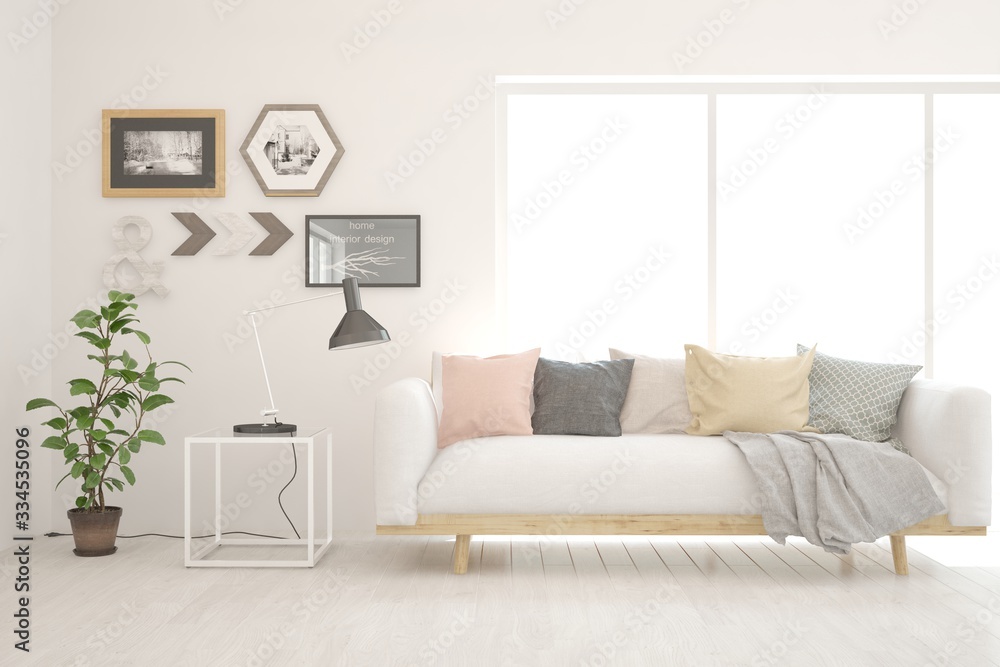 White living room with sofa. Scandinavian interior design. 3D illustration White living room with sofa. Scandinavian interior design. 3D illustration