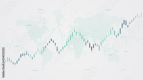Abstract financial chart with candle stick graph and world map in stock market on white color background