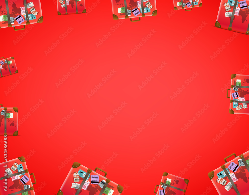 Travel wallpaper with red handbags. Vector frame with copy space for social media web sites or banners Travel wallpaper with red handbags. Vector frame with copy space for social media web sites or banners