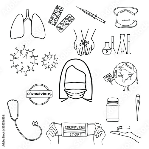 Doodle set Coronavirus. Medical face mask that protects airborne diseases viruses. Defence from Coronavirus. Hand drawn vector .