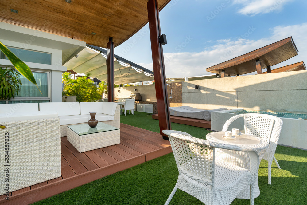 Outdoor seat on balcony with a view in pool villa, house, home, condo and apartment Outdoor seat on balcony with a view in pool villa, house, home, condo and apartment