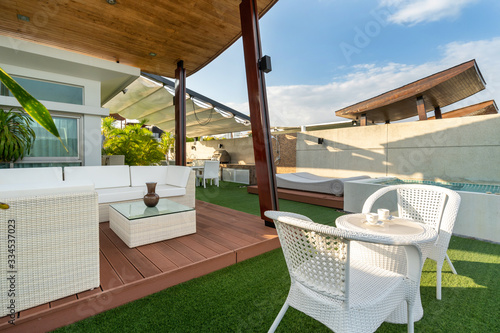 Outdoor seat on balcony with a view in pool villa, house, home, condo and apartment