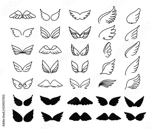Vector wings icon set. Bird or angel wing silhouette illustration design feather. Wings icon sketch collection hand drawing.