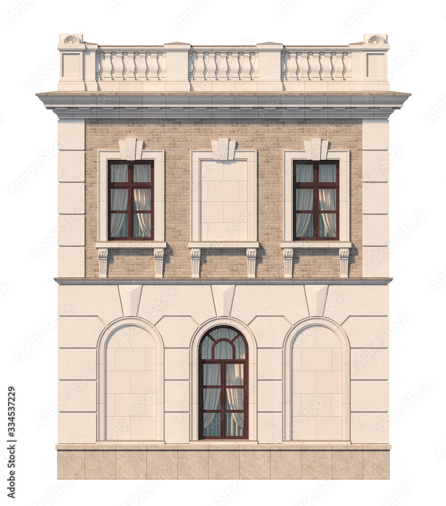 Fototapeta premium Facade of a two-story classic house with windows. 3D rendering