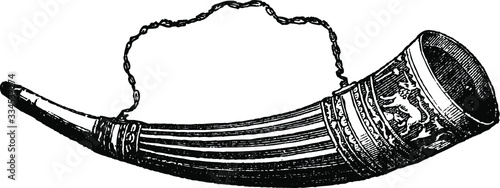 Horn of Ulphus Vintage Engraved line art drawing black and white Illustration