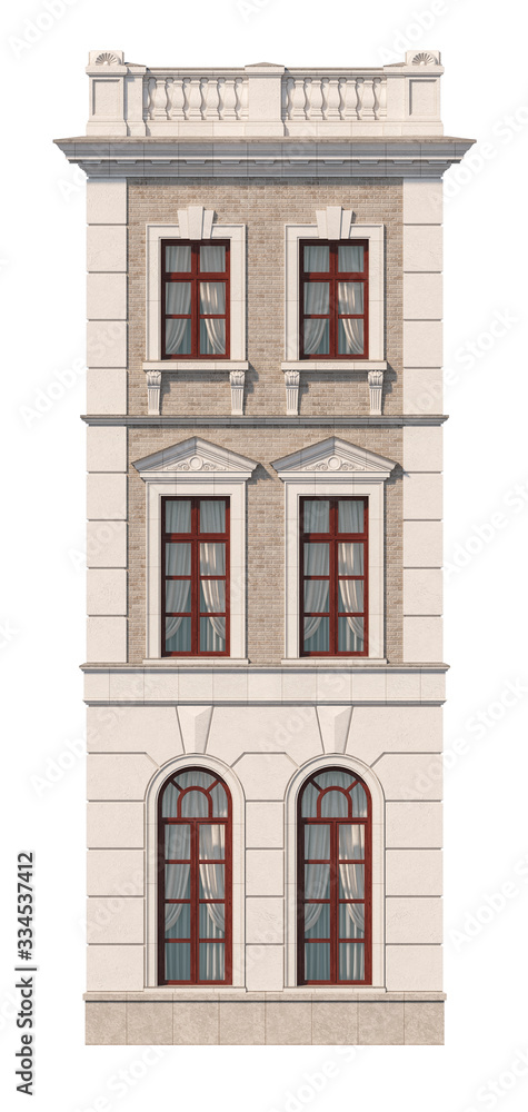 Obraz premium Facade of a three-story classic house with windows. 3D rendering