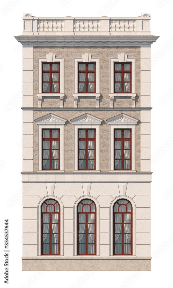Fototapeta premium Facade of a three-story classic house with windows. 3D rendering