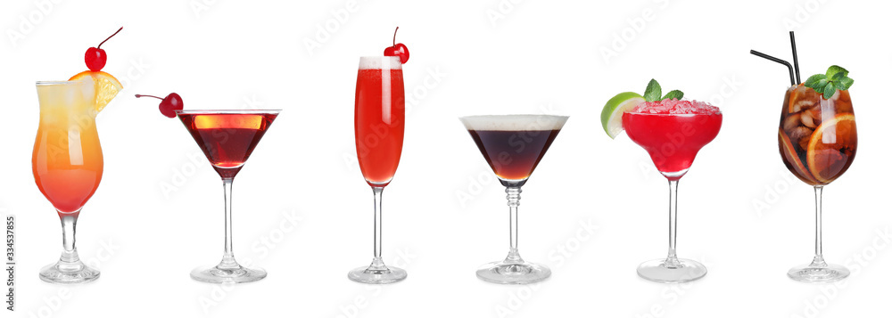 Set of tasty alcoholic cocktails on white background. Banner design