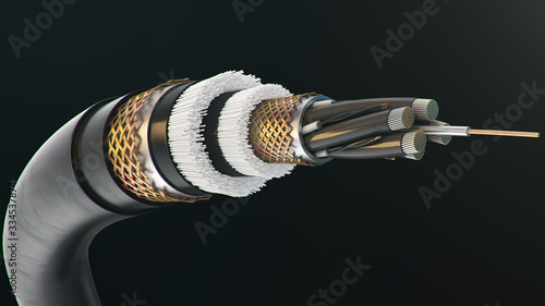 3d illustration, concept of fiber optic cable on a colored background. Future cable technology. Detailed curved cable in cross section. Powerful communication technology. Network concept.