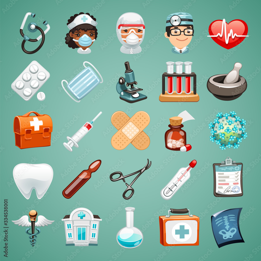 Cartoon icons on a medical theme. Avatars of characters of doctors and nurse. Objects for treatment, tablets, test tubes, first aid kit, syringe, vaccine, mask and other accessories. Realistic style.
