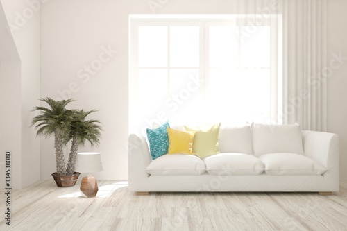 White living room with sofa. Scandinavian interior design. 3D illustration