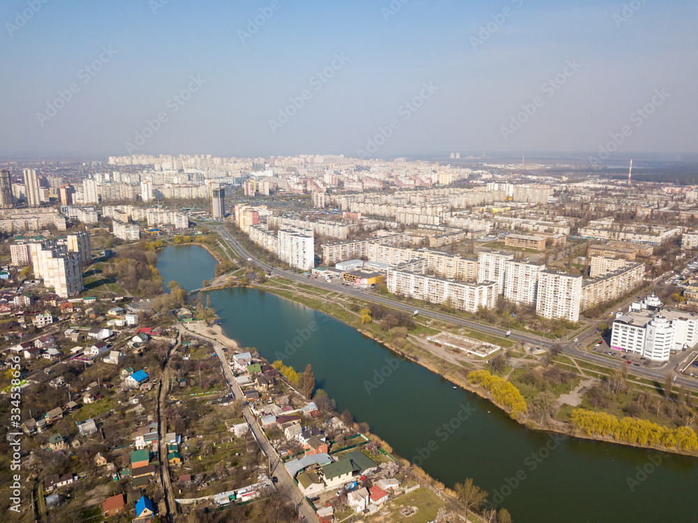Obraz premium Lakes in a residential area of Kiev. Aerial drone view.
