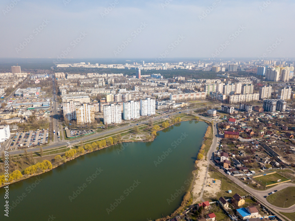 Lakes in a residential area of Kiev. Aerial drone view.