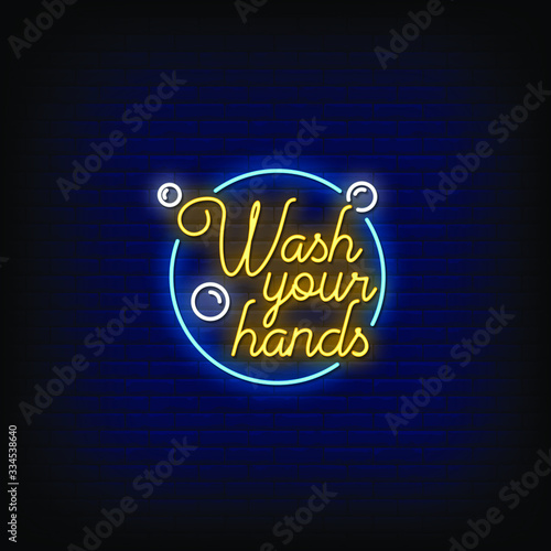 Wash Your Hand Neon Signs Style Text Vector
