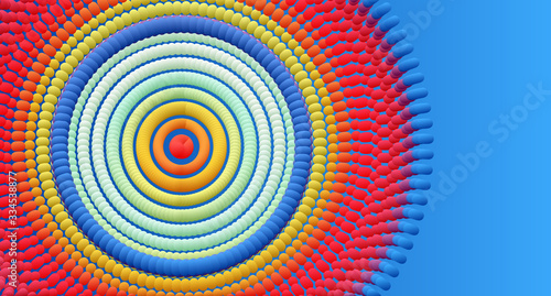 Abstract circular pattern made of color spheres and ellipses. Vector art illustration. Dynamic effect. Cover design template. Can be used for advertising, marketing or presentation.