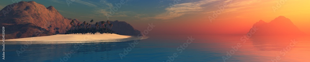 panoramic sea sunset, island in the ocean at sunset, sunrise over the water in the tropics, 3D rendering panoramic sea sunset, island in the ocean at sunset, sunrise over the water in the tropics, 3D rendering