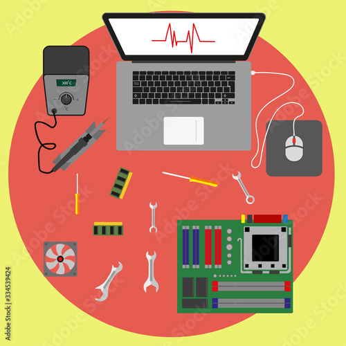 Computer repair. Computer workshop. Computer maintenance, maintenance and diagnostics settings. Flat style