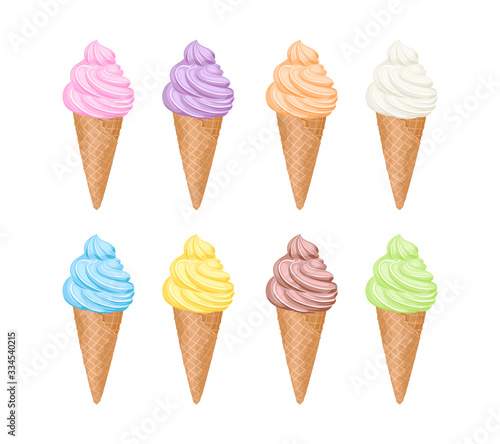 Set of ice cream of different colors in waffle cones isolated on white background. Swirl of soft serve ice cream in waffle cup. Collection of vector illustration of sweet dessert in cartoon flat style