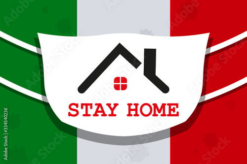 Design with abstract silhouette of a coronavirus. Flags of Italy and the roof of the house.Composition of Asian flu. Prevention of viral infections.