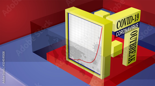 Covid-19 Coronavirus outbreak illustration on a stage surrounded with glass barrier with world map on 3d layout.