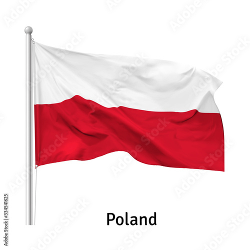 Flag of the Republic of Poland in the wind on flagpole, isolated on white background, vector