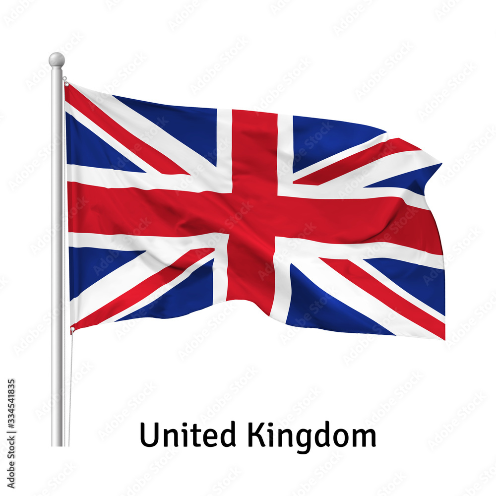Fototapeta Flag of the United Kingdom (the Union Jack or the Union Flag) in the wind on flagpole, isolated on white background, vector