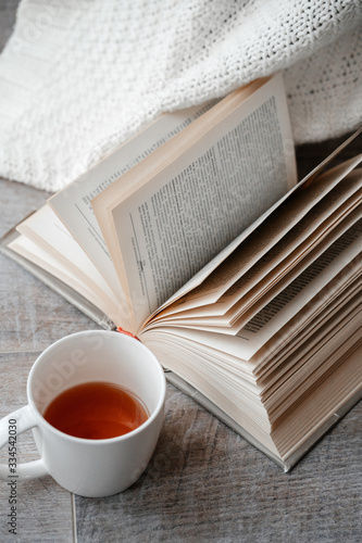 A cozy still life: a mug of hot tea and a book with a warm blanket on the floor near the chair. Self isolation