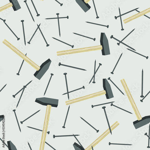 Seamless background which depicts a hammer and a nail. 3d illustration. Image suitable for business cards, flyers, shops.