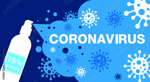 MERS-Cov, COVID-19, Novel coronavirus, 2019-nCoV, virus being killed by spray, disinfectant solution. Stop Covid-19 text concept. Flat vector illustration