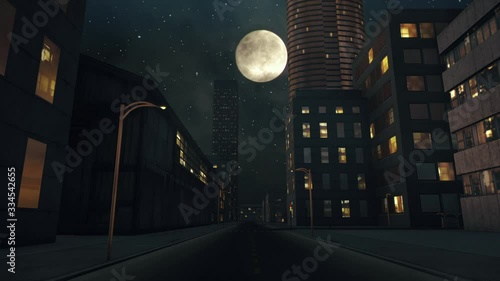 Empty city district at night and full moon animation 2