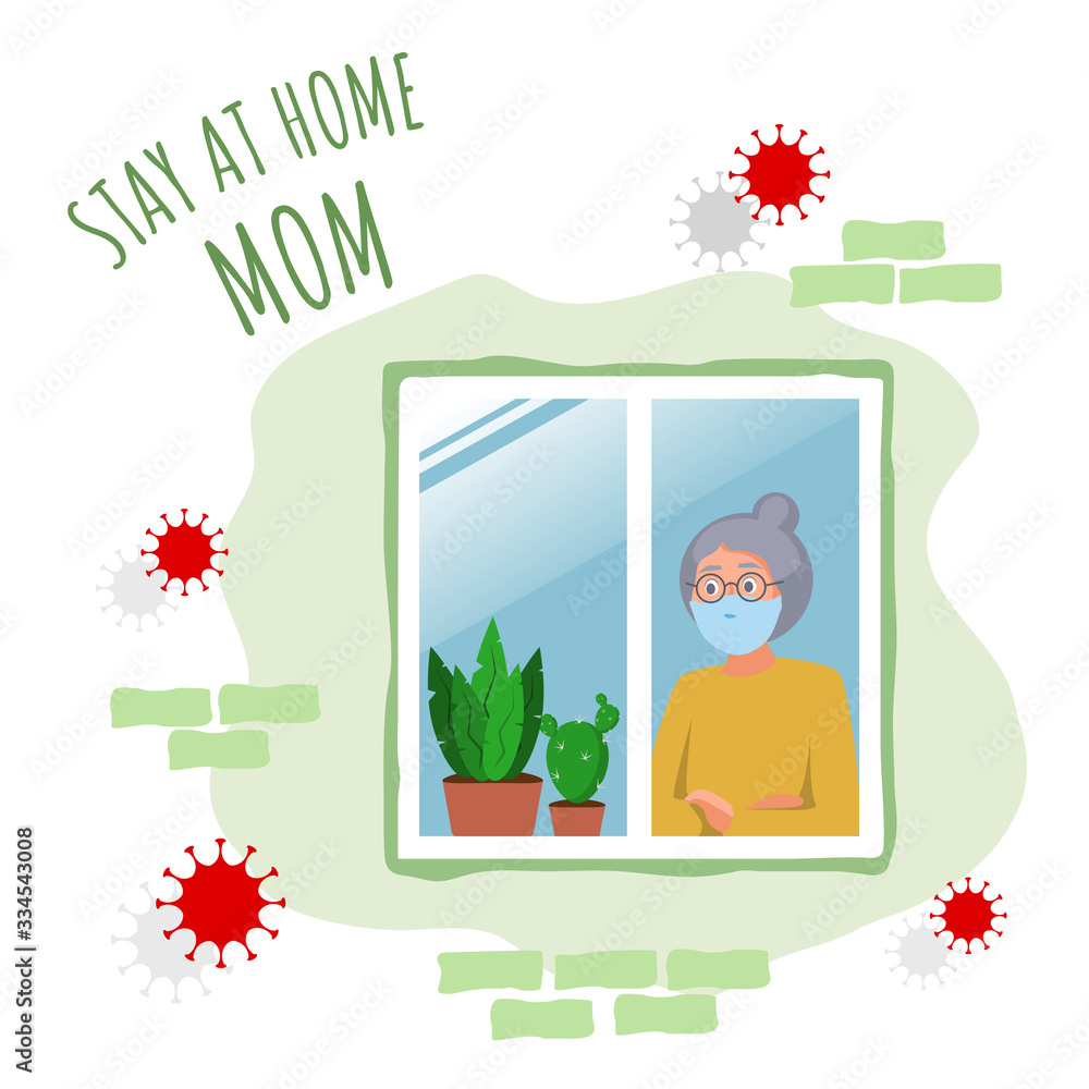 Old woman in a medical mask quarantine at home. Self-isolation during an epidemic. Protection of elderly parents from coronavirus. Illustration of prevention from virus pneumonia. Stay home stay safe Old woman in a medical mask quarantine at home. Self-isolation during an epidemic. Protection of elderly parents from coronavirus. Illustration of prevention from virus pneumonia. Stay home stay safe