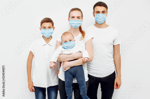 CAVID-19, a young family and a small child, wear a protective mask to protect against viruses, coronavirus disease