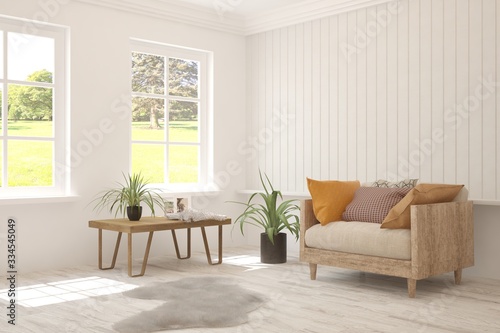 White living room with armchair and green landscape in window. Scandinavian interior design. 3D illustration