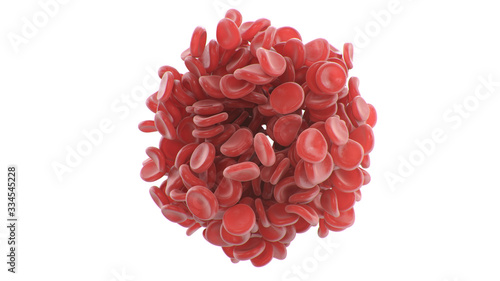 Abstract red blood cells clot in the shape of a sphere isolated on white background. Scientific and medical concept. Transfer of important elements in the blood to protect the body. 3d illustration