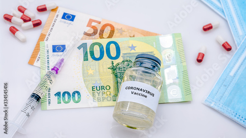 Cost of coronavirus vaccine, virus in Europe. Euro bills for Covid19 vaccination