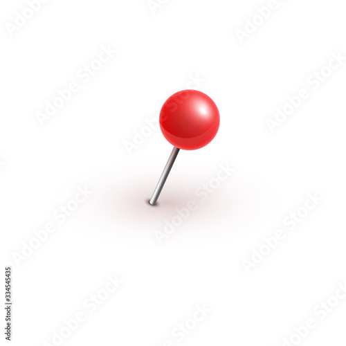 Realistic vector plastic glossy red push pins at various angles set needle.
