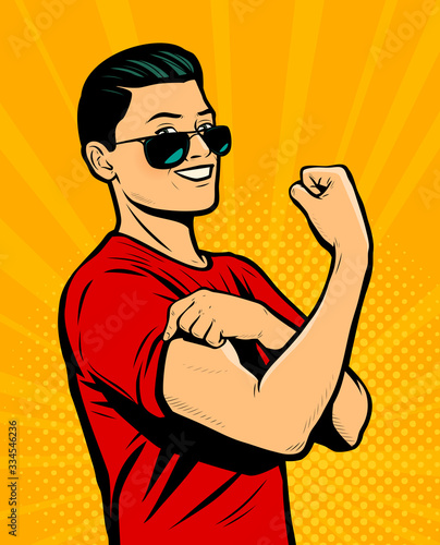 Strong man with fist shows strength. Retro comic pop art vector illustration