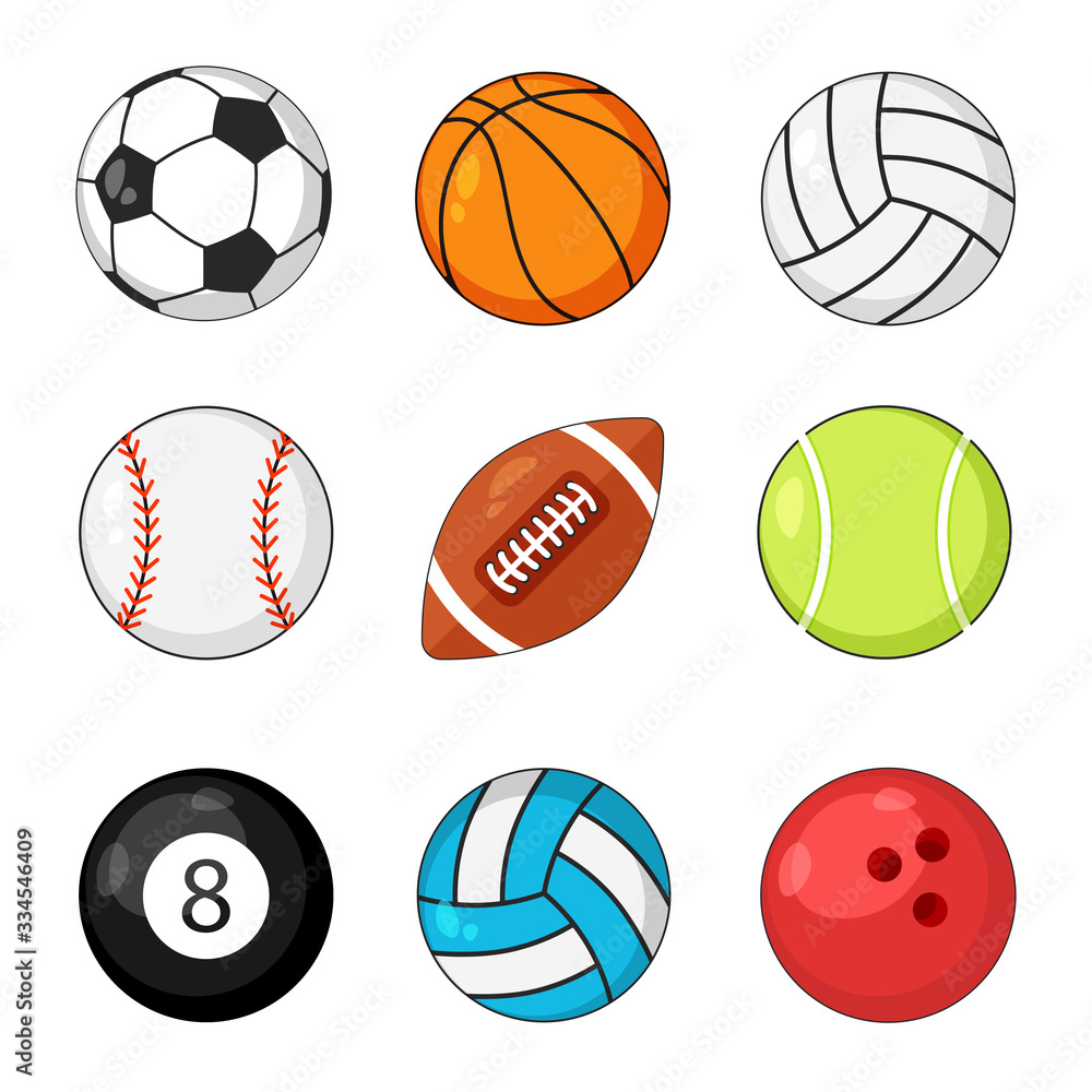 Sports balls icon vector set isolated on white background. Soccer and baseball, football game, rugby and tennis. Sports balls icon vector set isolated on white background. Soccer and baseball, football game, rugby and tennis.