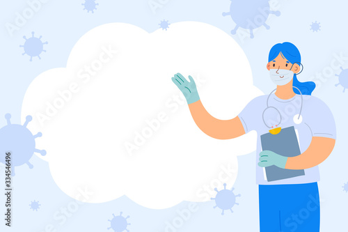 Coronavirus banner template with copy space, female doctor wearing a mask, pointing at speech balloon, cartoon character, informational poster or placard with blank space for your text.