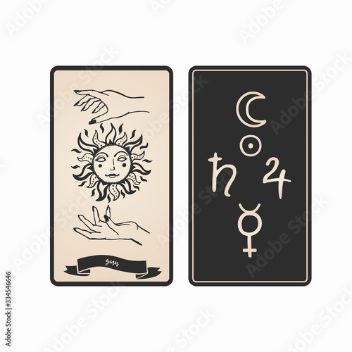 Sun tarot card front and back. Tarot card with sun and hands vector illustration.