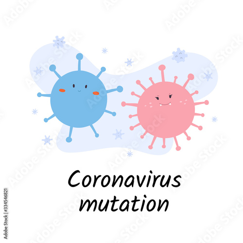 Coronavirus mutations, covid-19 virus strain, kinds of ncov, cute cartoon illustration, vector characters, isolated drawing of novel virus 