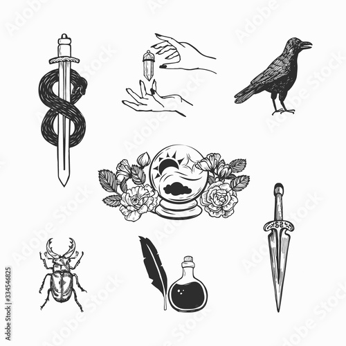 Witchcraft and magic vector collection. Hand drawn occult symbols on white background.