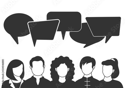People avatars with speech bubbles. Men and woman communication, talking llustration. Coworkers, team, thinking, question, idea, brainstorm concept.