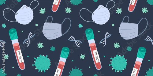 Coronavirus pattern with blood test and protective medical masks, seamless vector background, medical check up