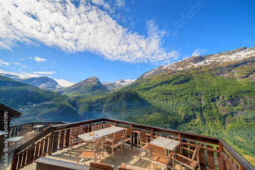 GEIRANGER, NORWAY - 2016 JUNE 13. View from the Westeras Cafe with beautiful Norwegian landscape and nature